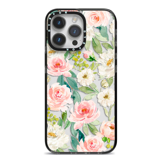 Watercolour Peonies Roses and Foliage iPhone 14 Pro Max Black Impact Case on Silver phone