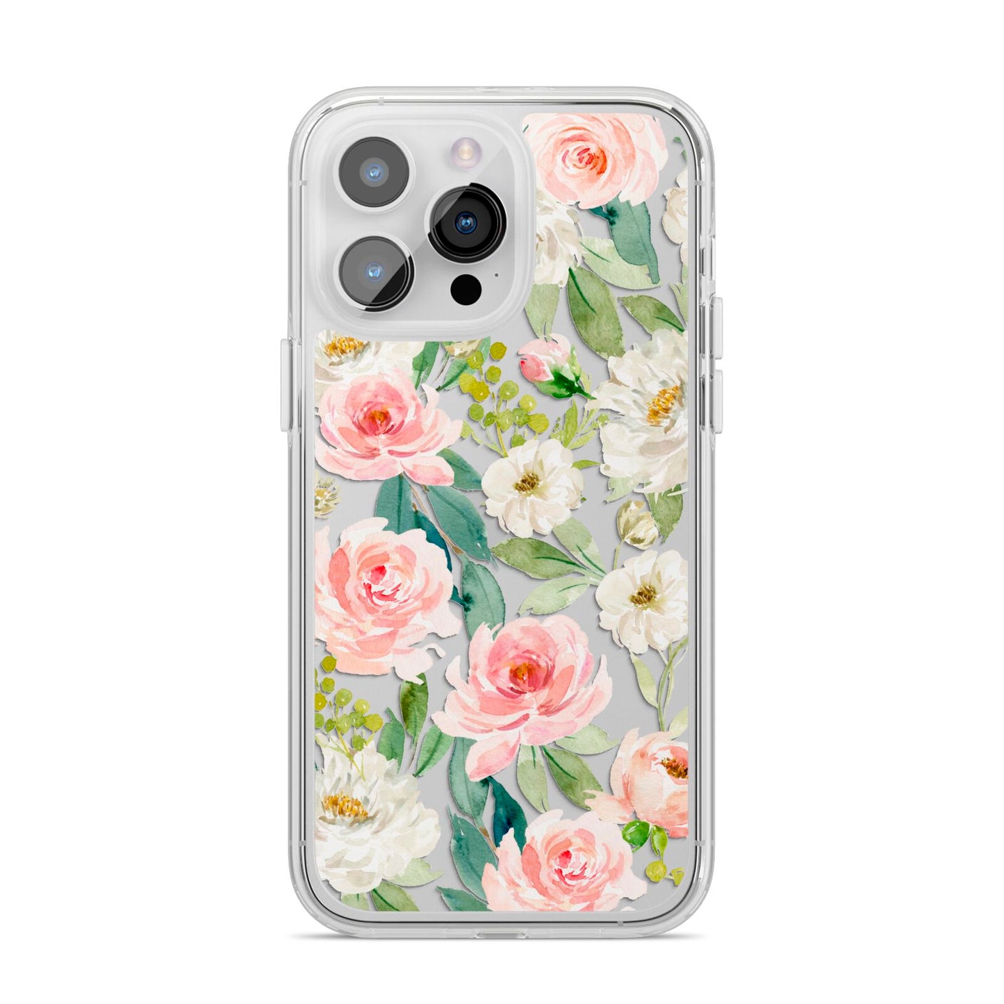 Watercolour Peonies Roses and Foliage iPhone 14 Pro Max Clear Tough Case Silver