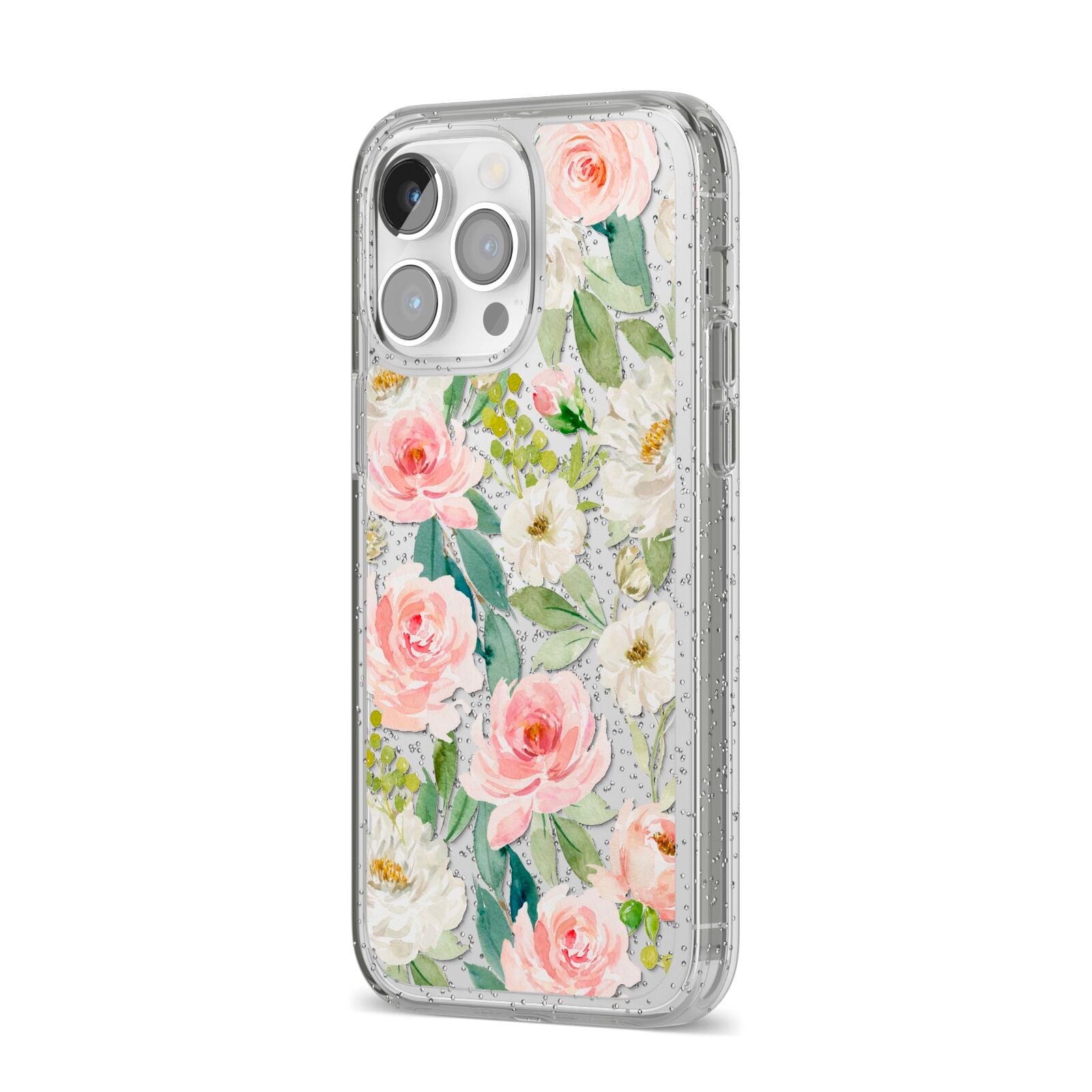 Watercolour Peonies Roses and Foliage iPhone 14 Pro Max Glitter Tough Case Silver Angled Image