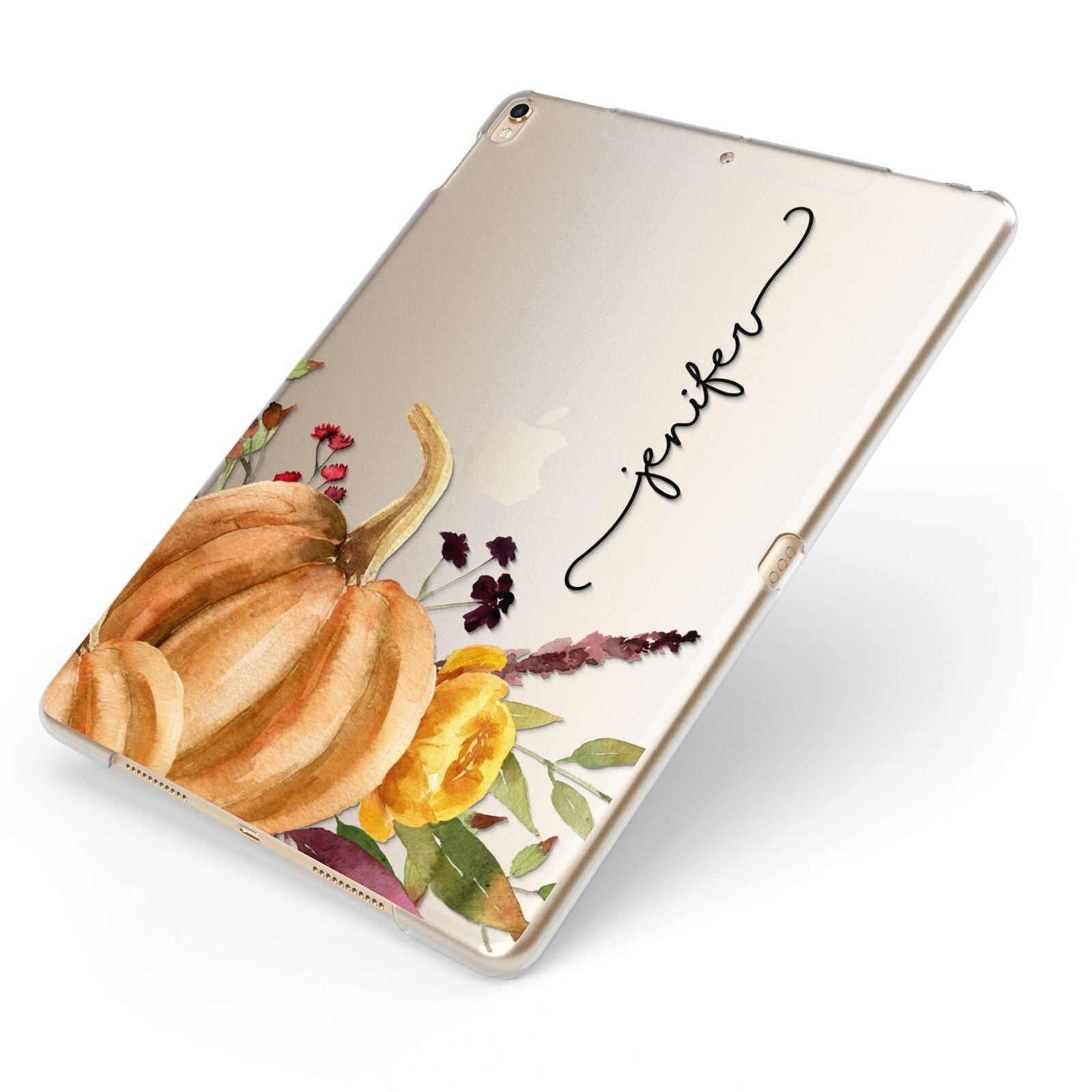 Watercolour Pumpkins with Black Vertical Text Apple iPad Case on Gold iPad Side View
