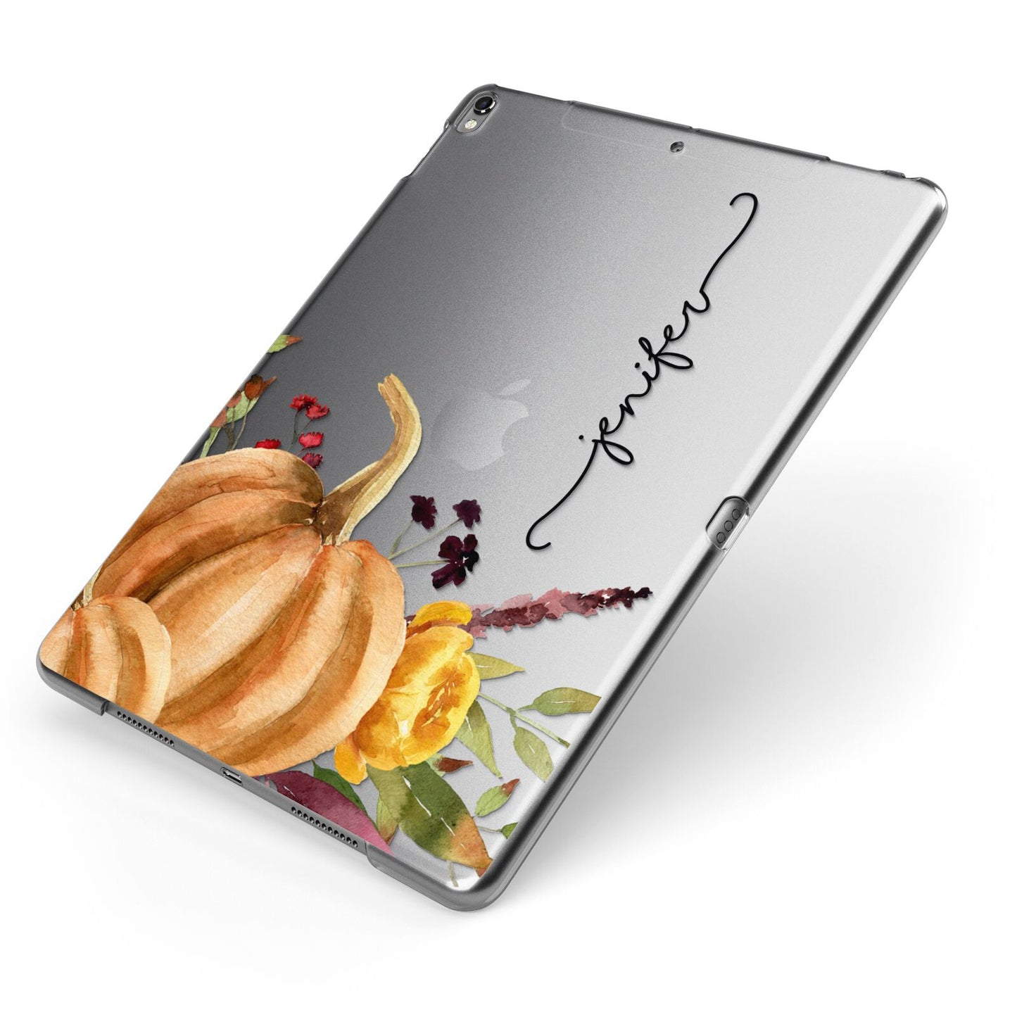 Watercolour Pumpkins with Black Vertical Text Apple iPad Case on Grey iPad Side View