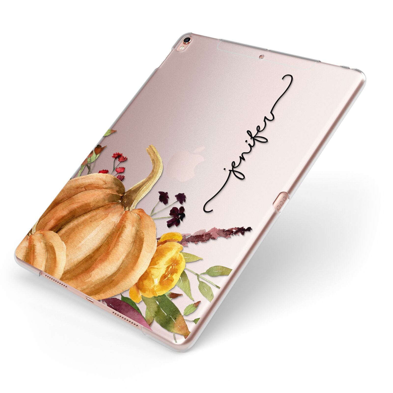 Watercolour Pumpkins with Black Vertical Text Apple iPad Case on Rose Gold iPad Side View