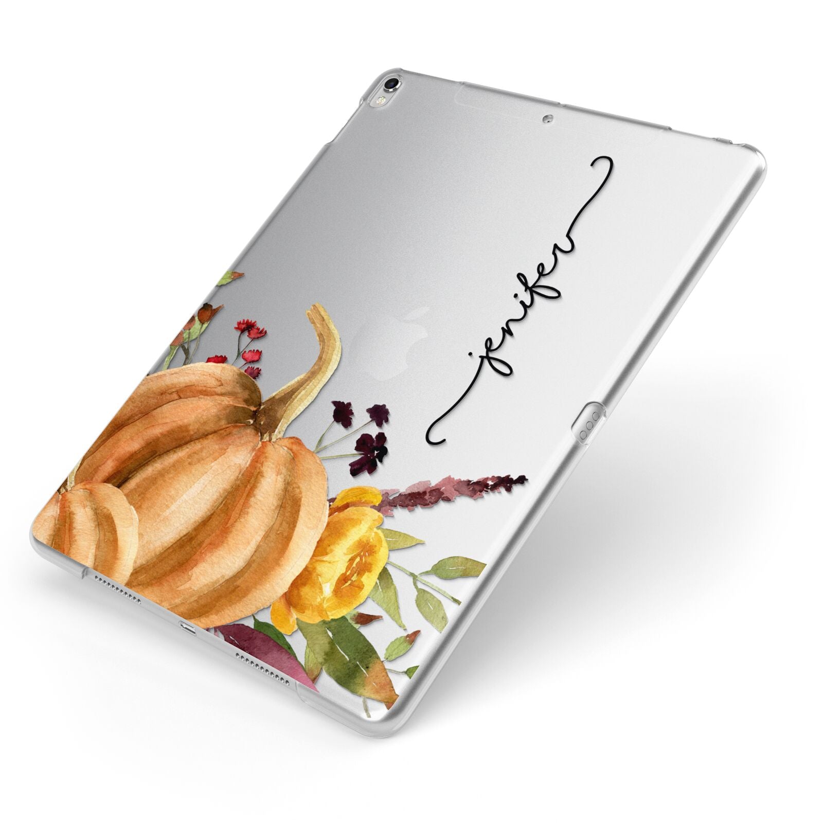 Watercolour Pumpkins with Black Vertical Text Apple iPad Case on Silver iPad Side View