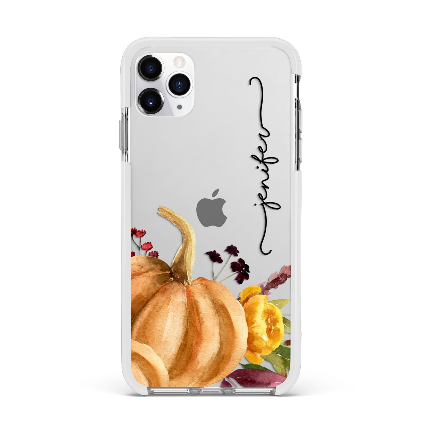 Watercolour Pumpkins with Black Vertical Text Apple iPhone 11 Pro Max in Silver with White Impact Case