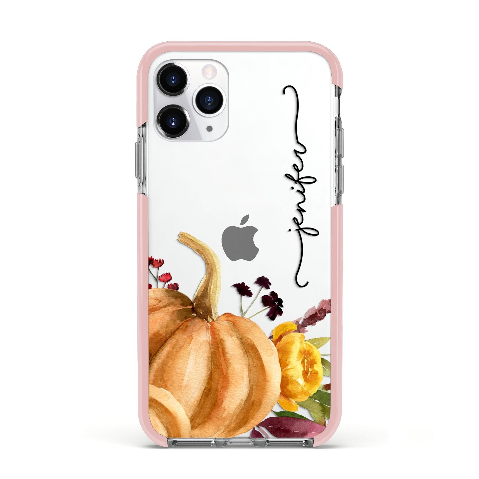Watercolour Pumpkins with Black Vertical Text Apple iPhone 11 Pro in Silver with Pink Impact Case
