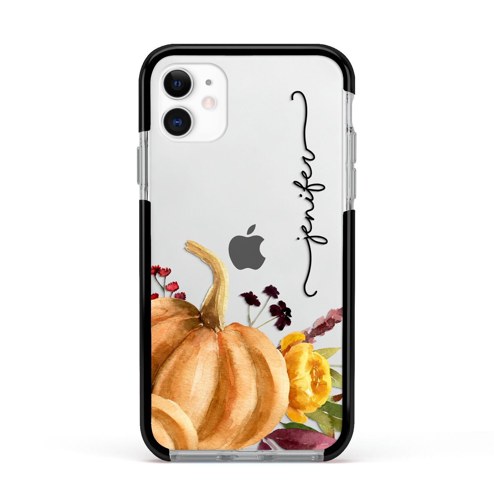 Watercolour Pumpkins with Black Vertical Text Apple iPhone 11 in White with Black Impact Case