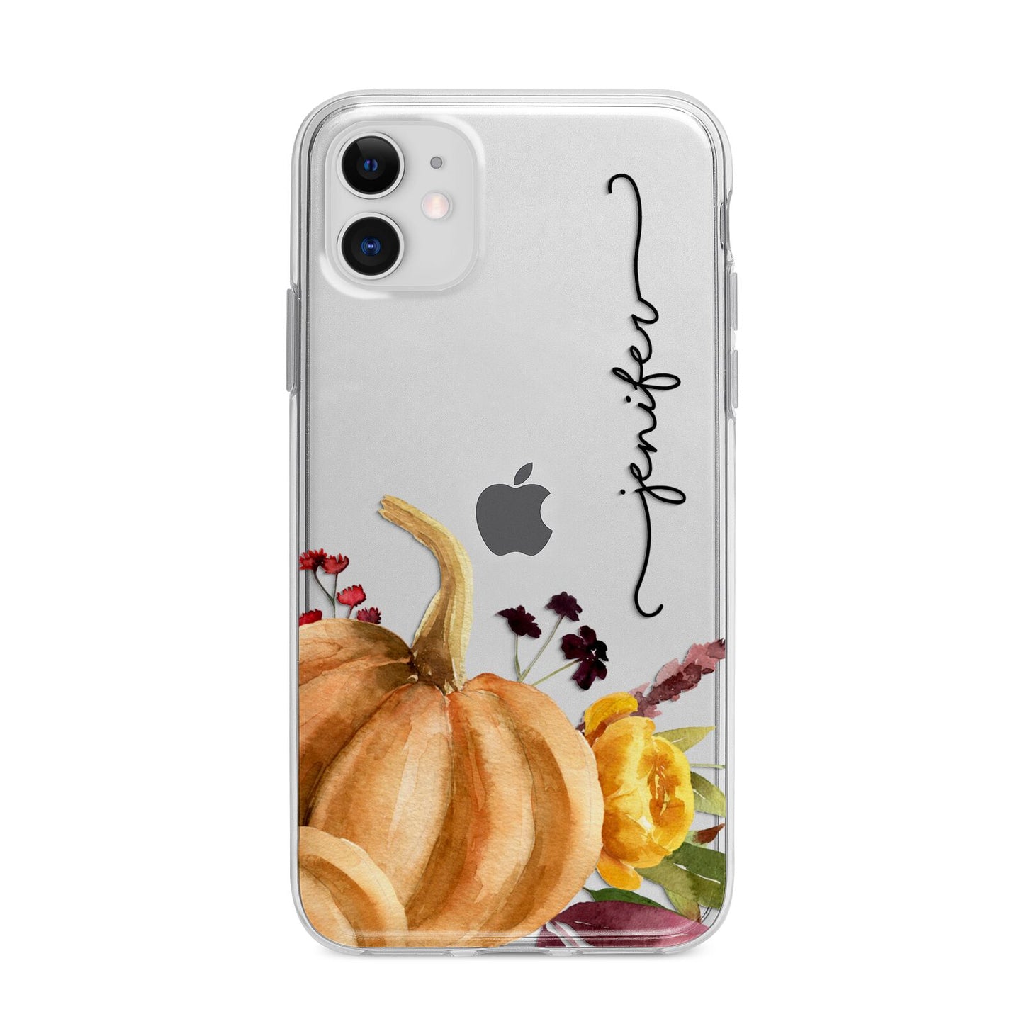 Watercolour Pumpkins with Black Vertical Text Apple iPhone 11 in White with Bumper Case