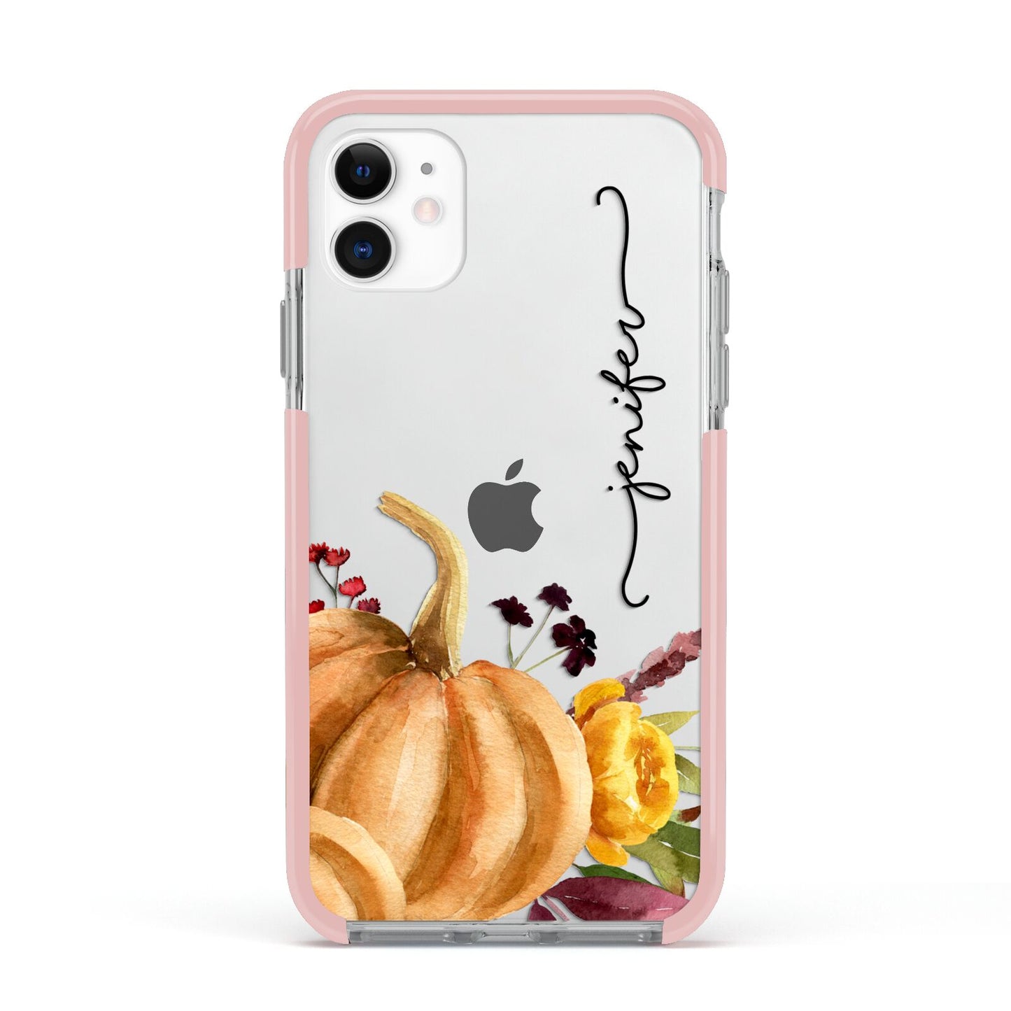 Watercolour Pumpkins with Black Vertical Text Apple iPhone 11 in White with Pink Impact Case