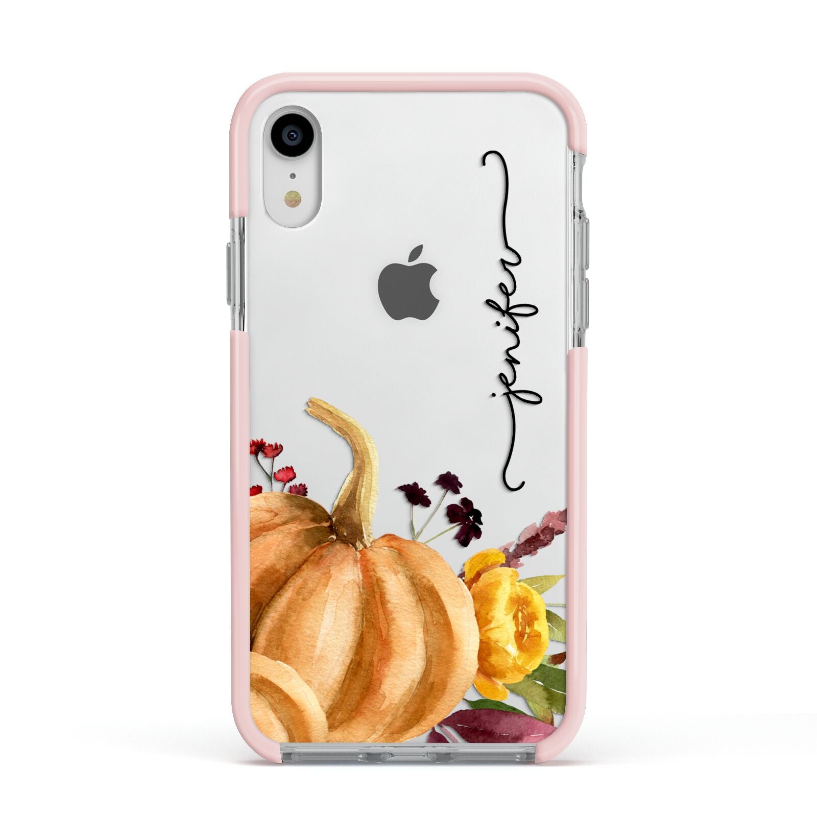 Watercolour Pumpkins with Black Vertical Text Apple iPhone XR Impact Case Pink Edge on Silver Phone