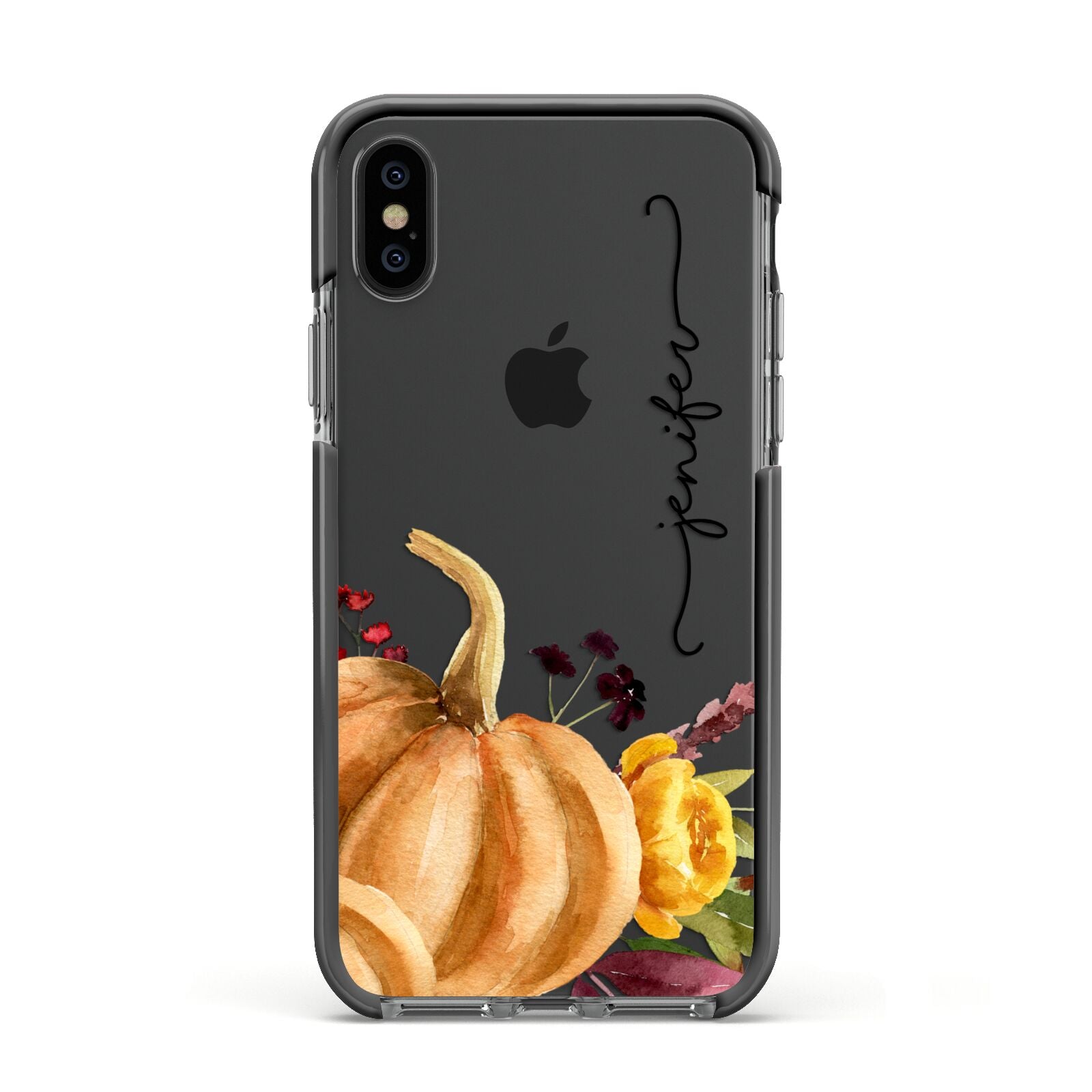 Watercolour Pumpkins with Black Vertical Text Apple iPhone Xs Impact Case Black Edge on Black Phone