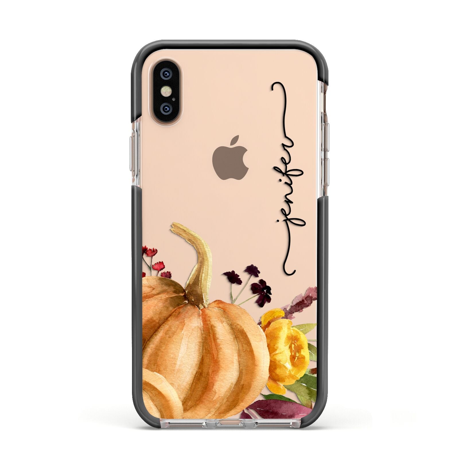 Watercolour Pumpkins with Black Vertical Text Apple iPhone Xs Impact Case Black Edge on Gold Phone