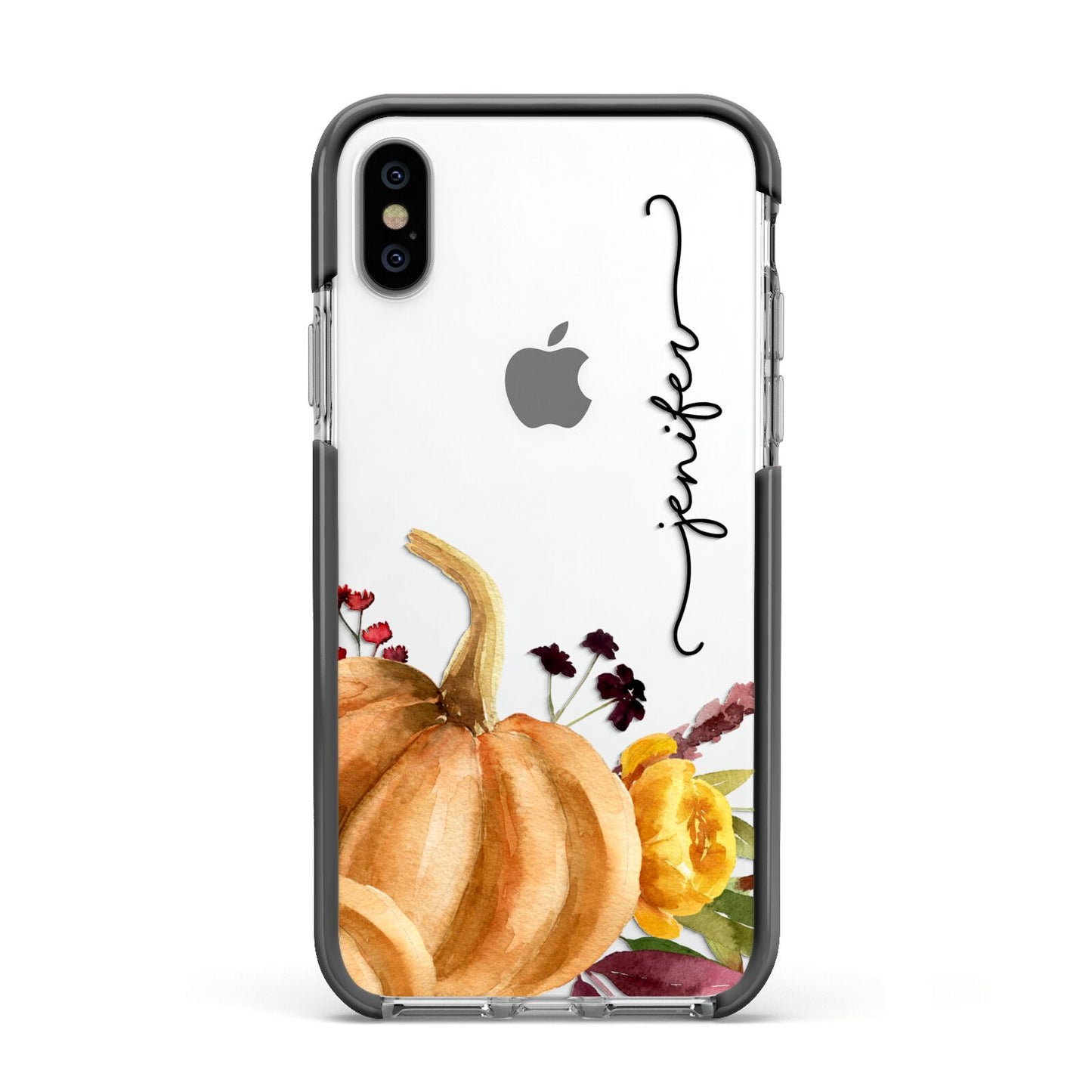 Watercolour Pumpkins with Black Vertical Text Apple iPhone Xs Impact Case Black Edge on Silver Phone