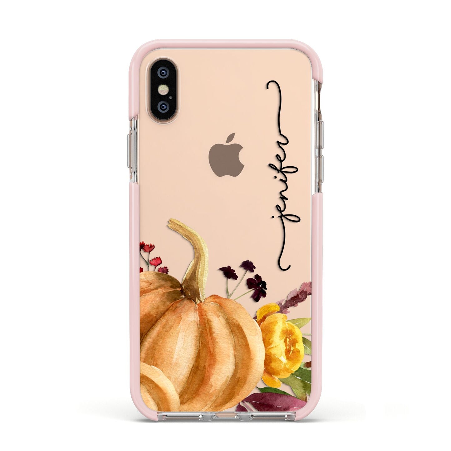 Watercolour Pumpkins with Black Vertical Text Apple iPhone Xs Impact Case Pink Edge on Gold Phone
