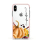 Watercolour Pumpkins with Black Vertical Text Apple iPhone Xs Impact Case Pink Edge on Silver Phone