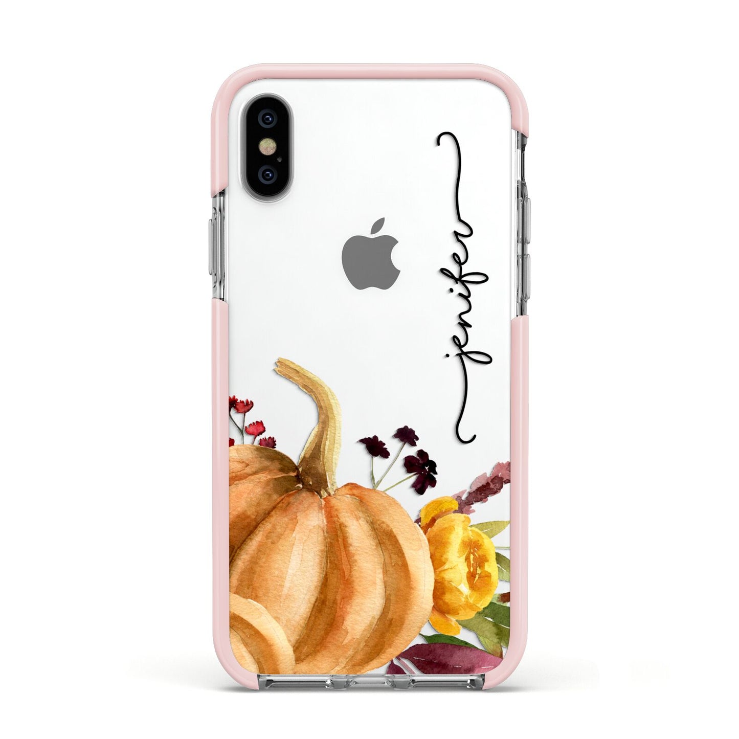 Watercolour Pumpkins with Black Vertical Text Apple iPhone Xs Impact Case Pink Edge on Silver Phone