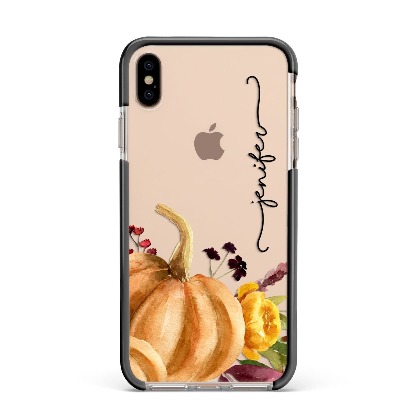 Watercolour Pumpkins with Black Vertical Text Apple iPhone Xs Max Impact Case Black Edge on Gold Phone