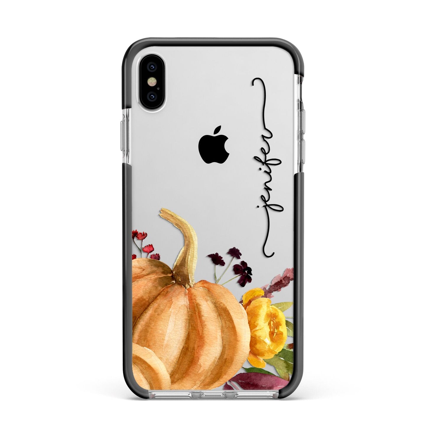 Watercolour Pumpkins with Black Vertical Text Apple iPhone Xs Max Impact Case Black Edge on Silver Phone