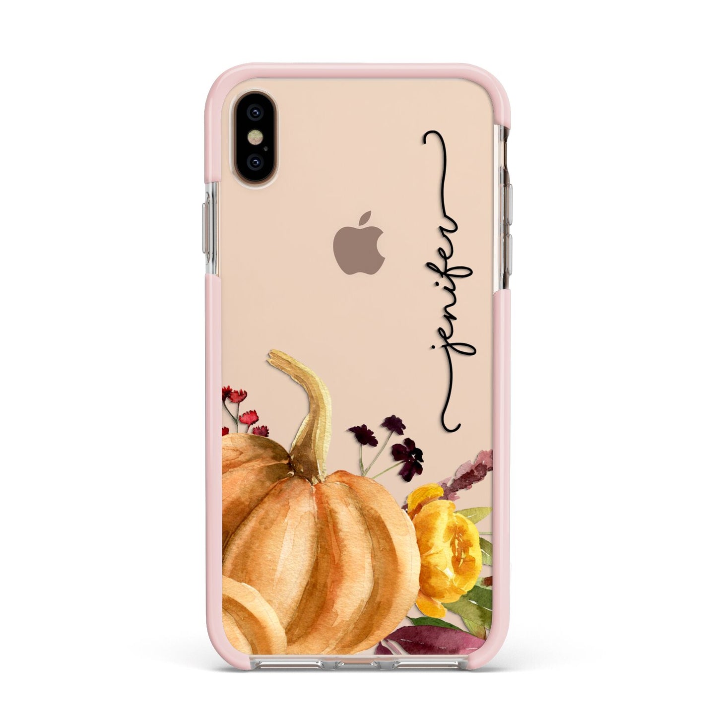 Watercolour Pumpkins with Black Vertical Text Apple iPhone Xs Max Impact Case Pink Edge on Gold Phone