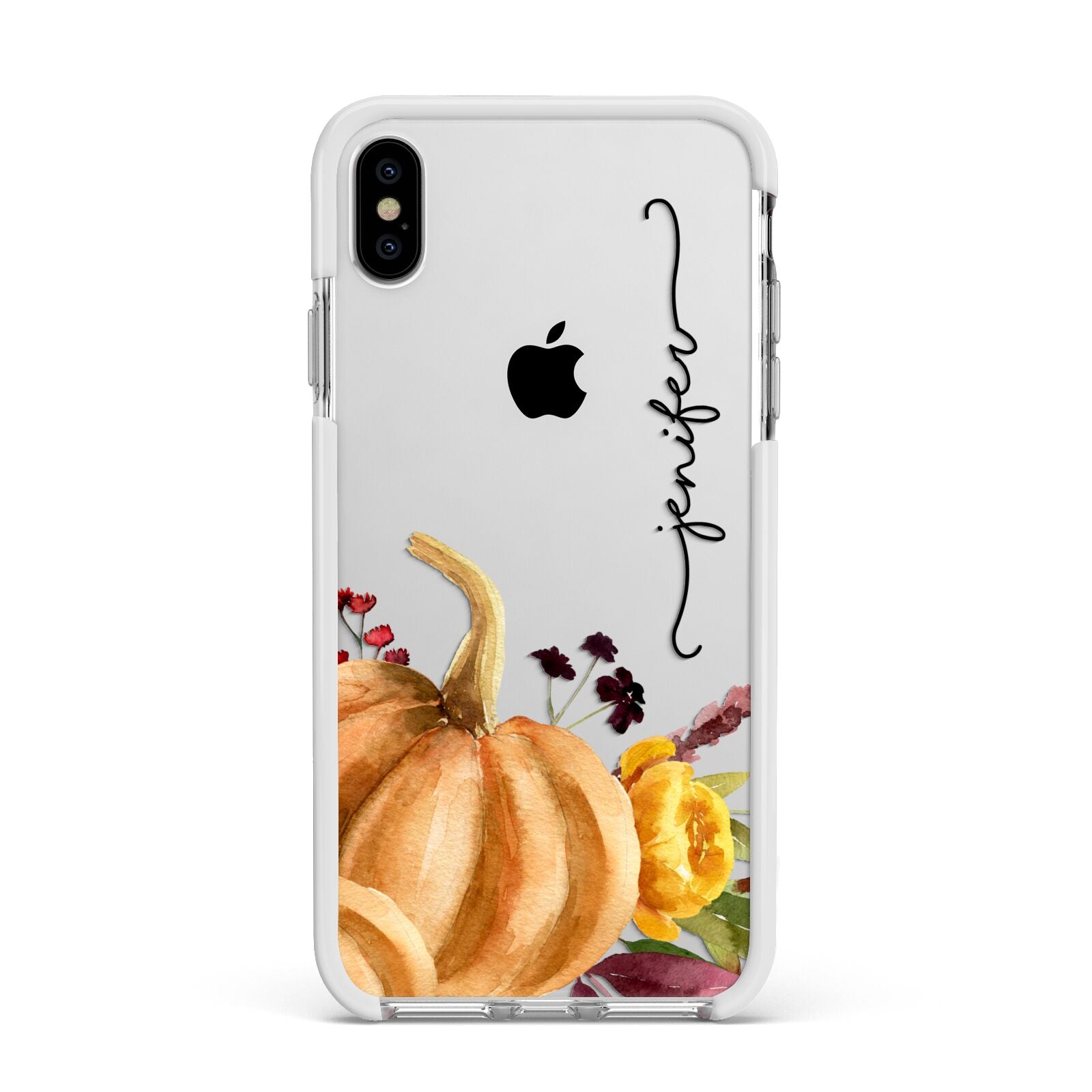 Watercolour Pumpkins with Black Vertical Text Apple iPhone Xs Max Impact Case White Edge on Silver Phone