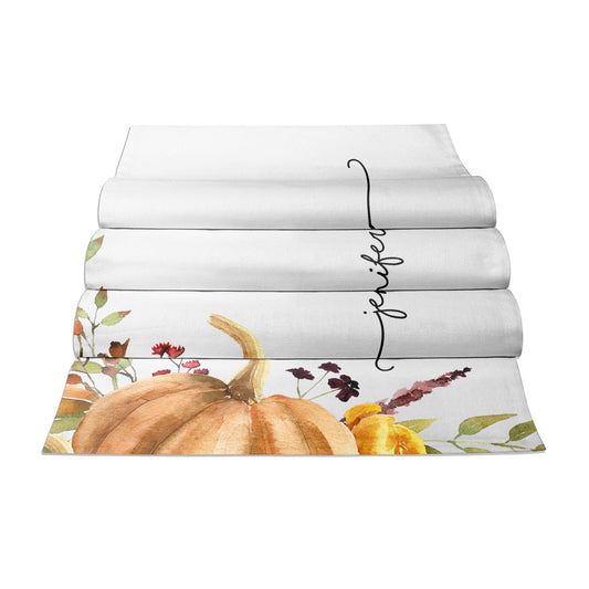 Watercolour Pumpkins with Black Vertical Text Cotton Table Runner