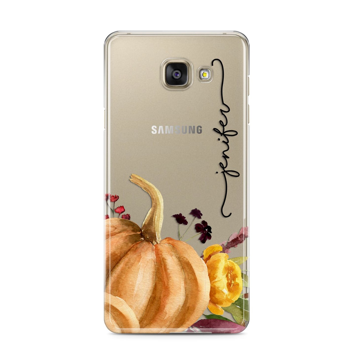 Watercolour Pumpkins with Black Vertical Text Samsung Galaxy A3 2016 Case on gold phone