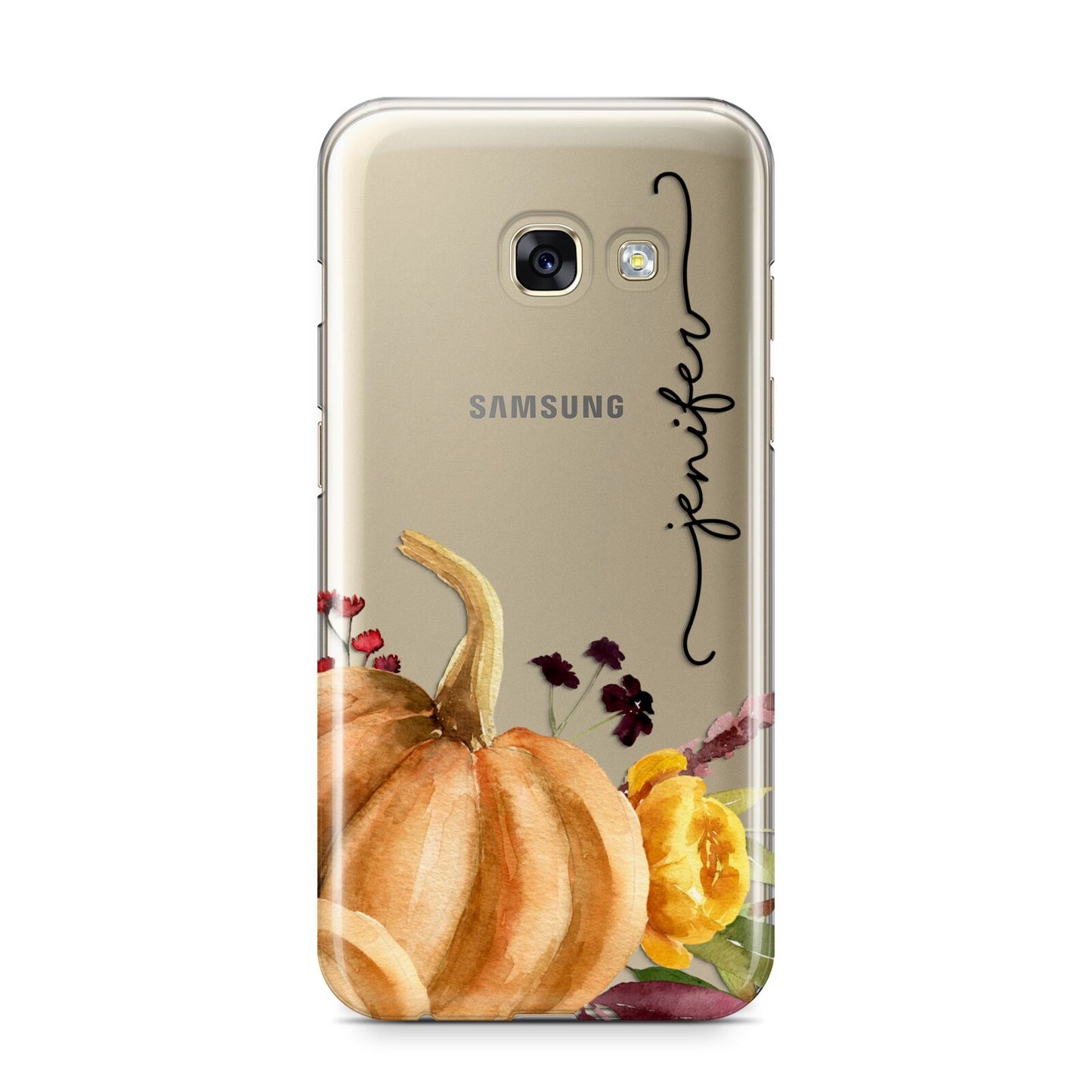 Watercolour Pumpkins with Black Vertical Text Samsung Galaxy A3 2017 Case on gold phone