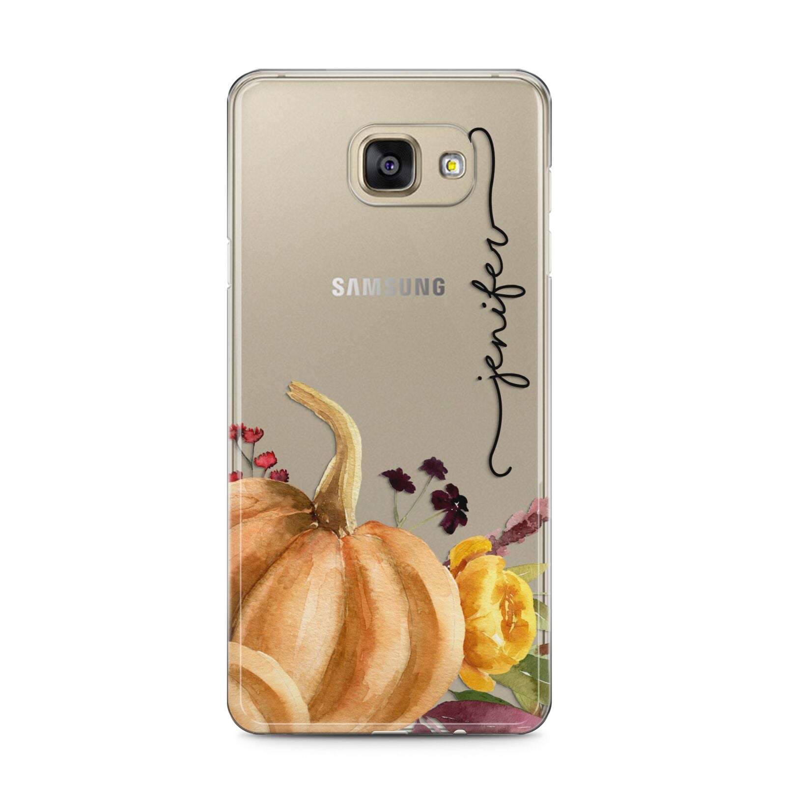 Watercolour Pumpkins with Black Vertical Text Samsung Galaxy A5 2016 Case on gold phone