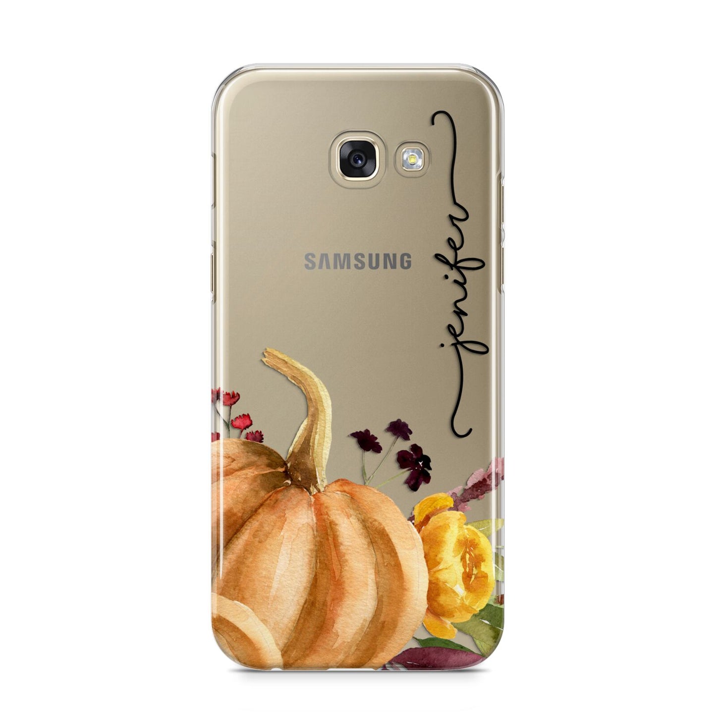Watercolour Pumpkins with Black Vertical Text Samsung Galaxy A5 2017 Case on gold phone