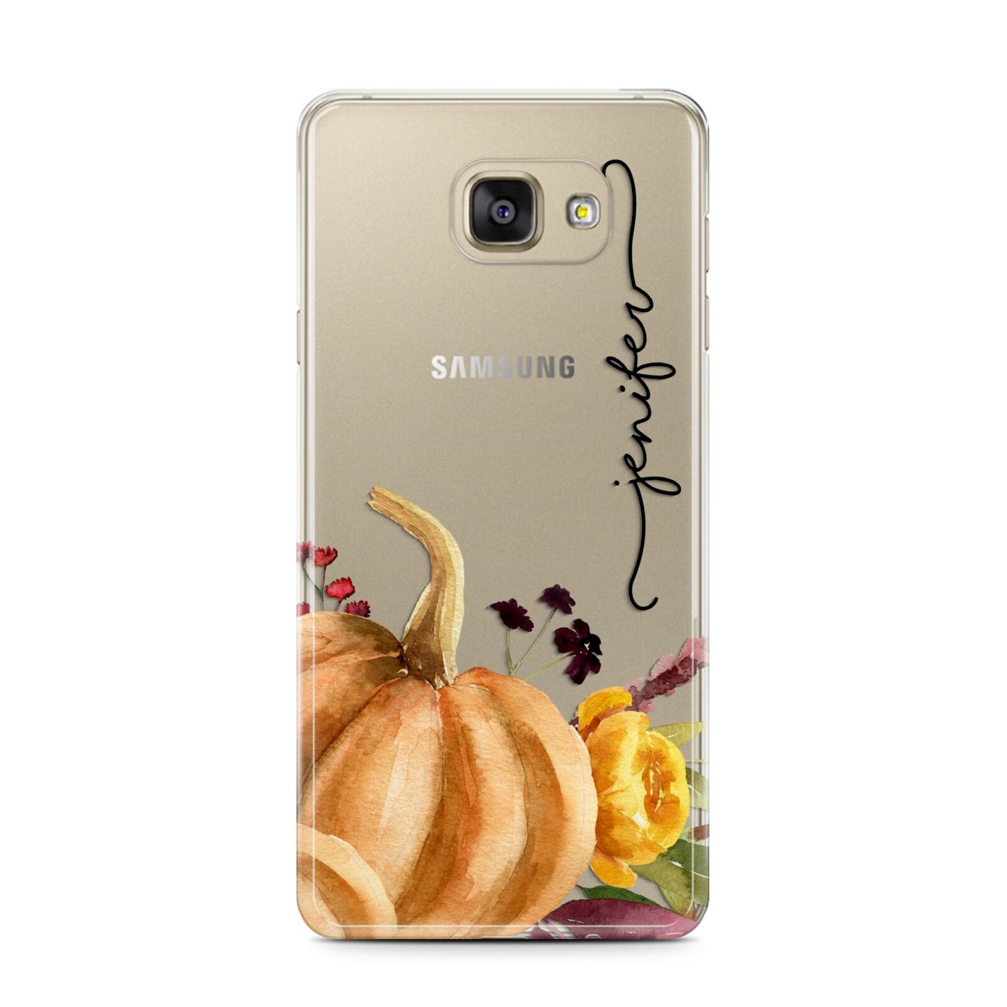 Watercolour Pumpkins with Black Vertical Text Samsung Galaxy A7 2016 Case on gold phone