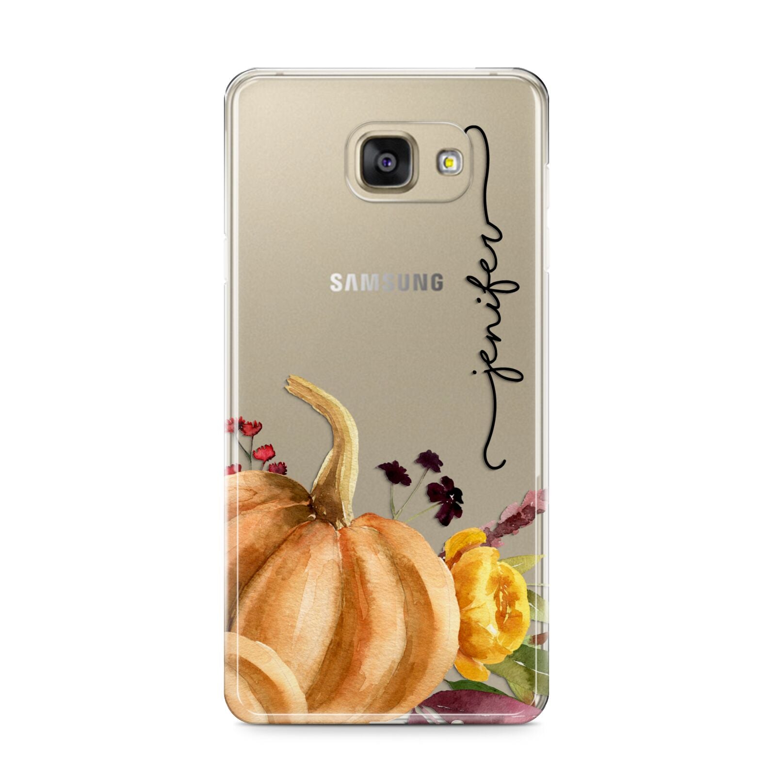 Watercolour Pumpkins with Black Vertical Text Samsung Galaxy A9 2016 Case on gold phone