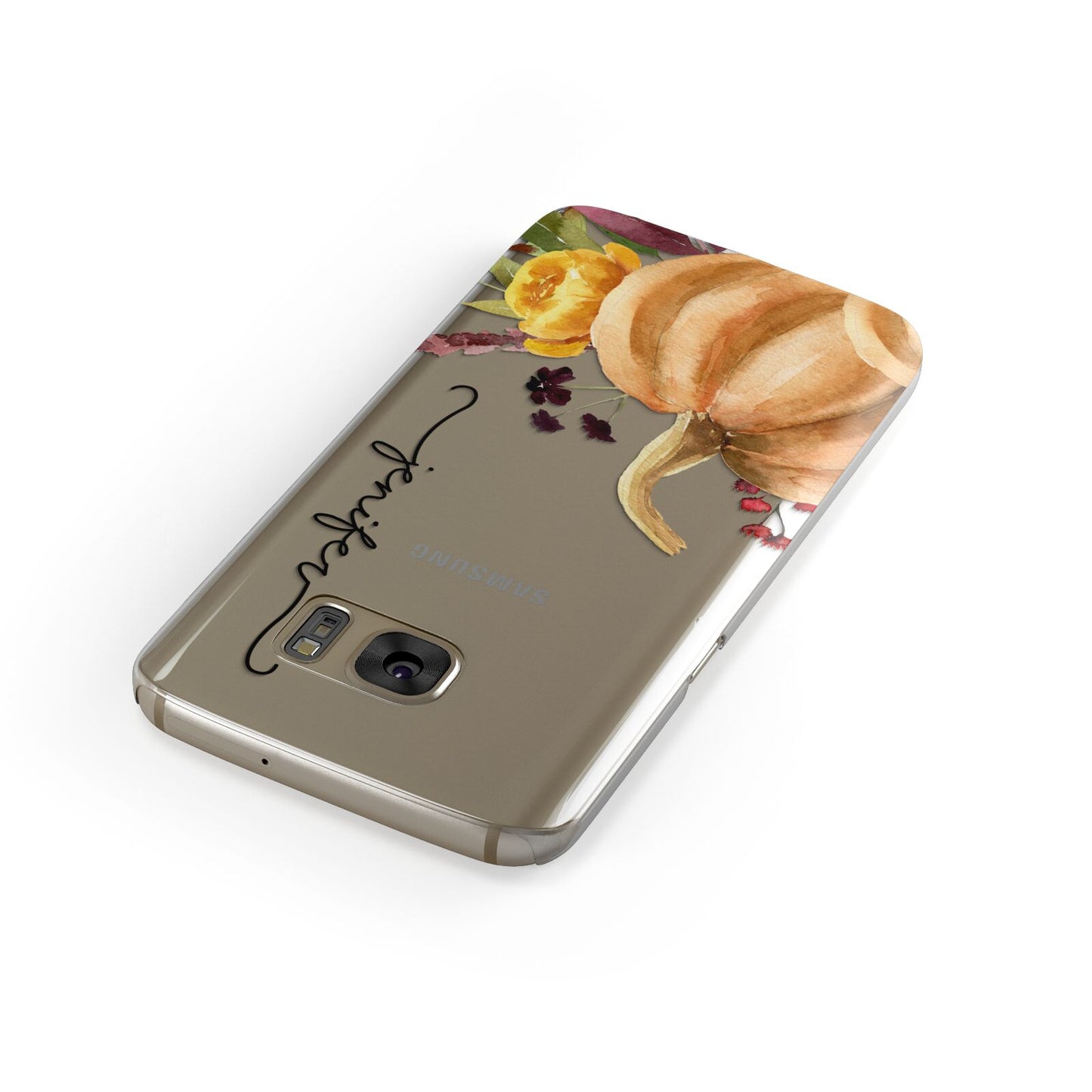 Watercolour Pumpkins with Black Vertical Text Samsung Galaxy Case Front Close Up