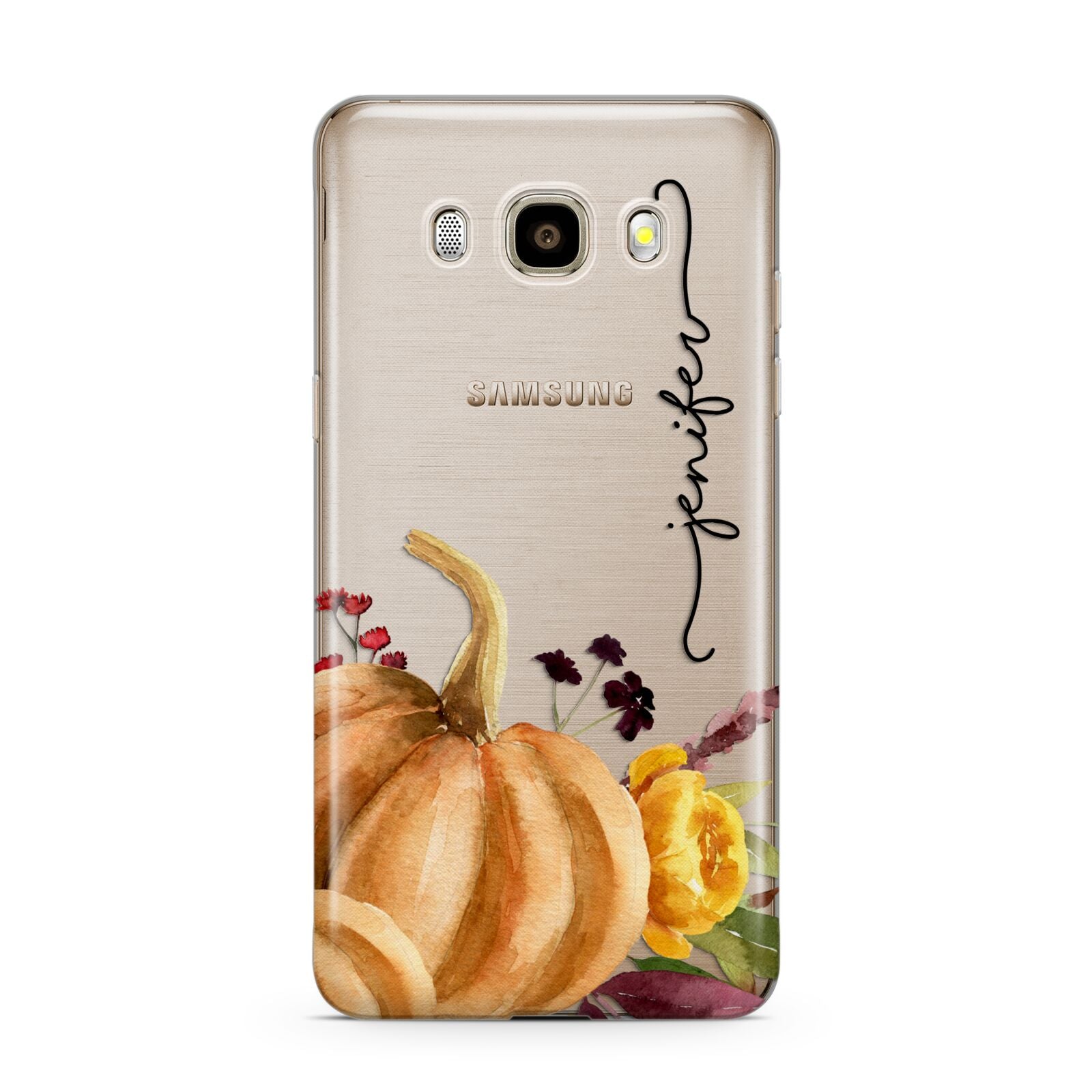 Watercolour Pumpkins with Black Vertical Text Samsung Galaxy J7 2016 Case on gold phone