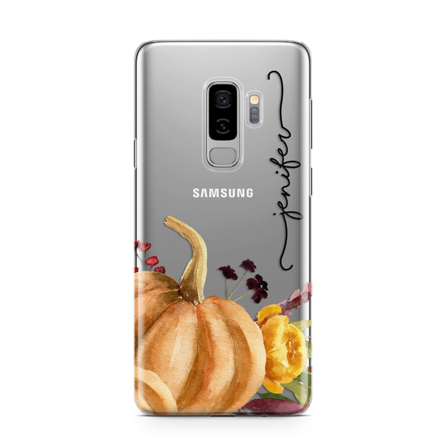 Watercolour Pumpkins with Black Vertical Text Samsung Galaxy S9 Plus Case on Silver phone