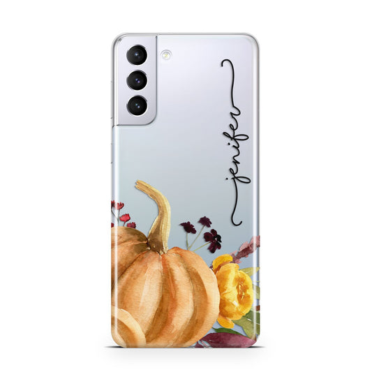 Watercolour Pumpkins with Black Vertical Text Samsung S21 Plus Phone Case