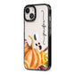 Watercolour Pumpkins with Black Vertical Text iPhone 13 Black Impact Case Side Angle on Silver phone