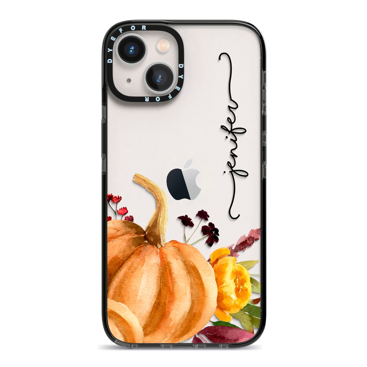 Watercolour Pumpkins with Black Vertical Text iPhone 13 Black Impact Case on Silver phone