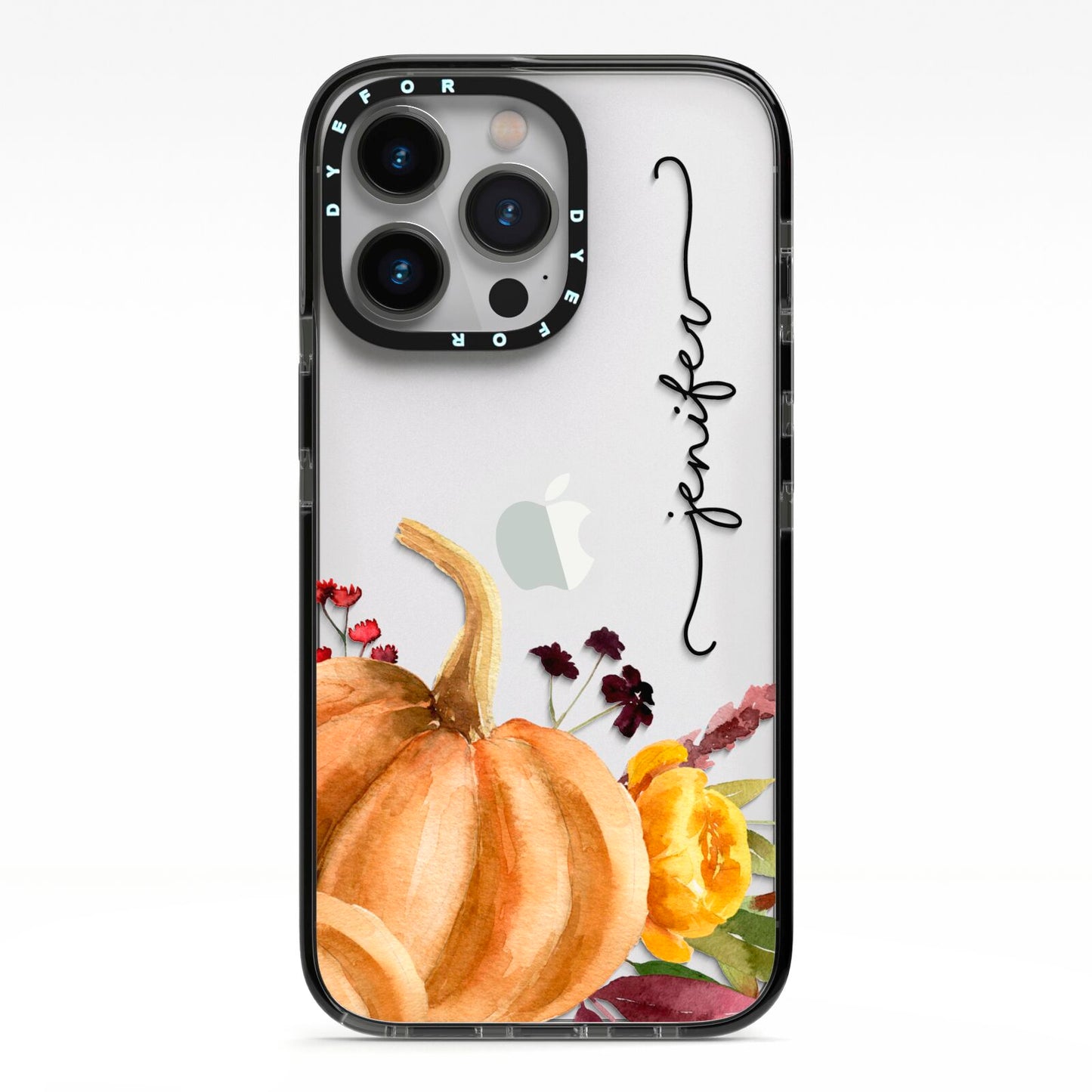 Watercolour Pumpkins with Black Vertical Text iPhone 13 Pro Black Impact Case on Silver phone