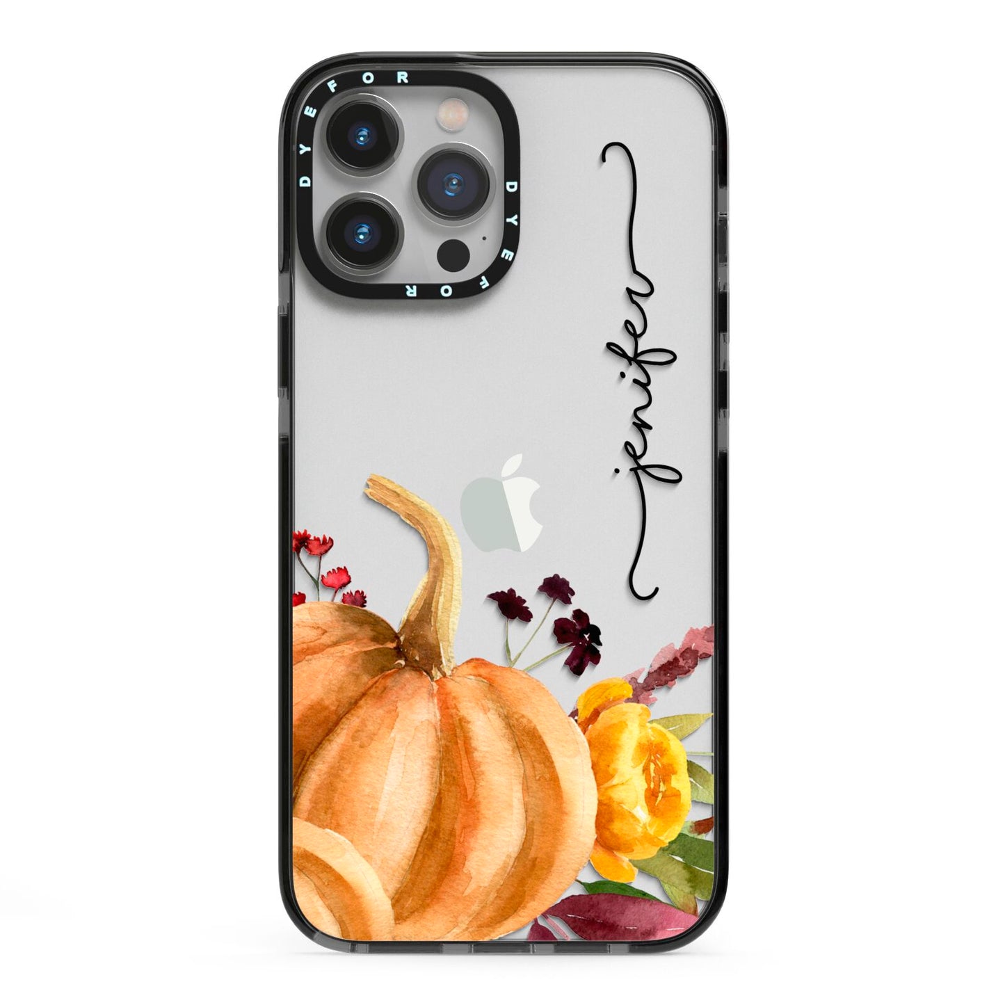 Watercolour Pumpkins with Black Vertical Text iPhone 13 Pro Max Black Impact Case on Silver phone
