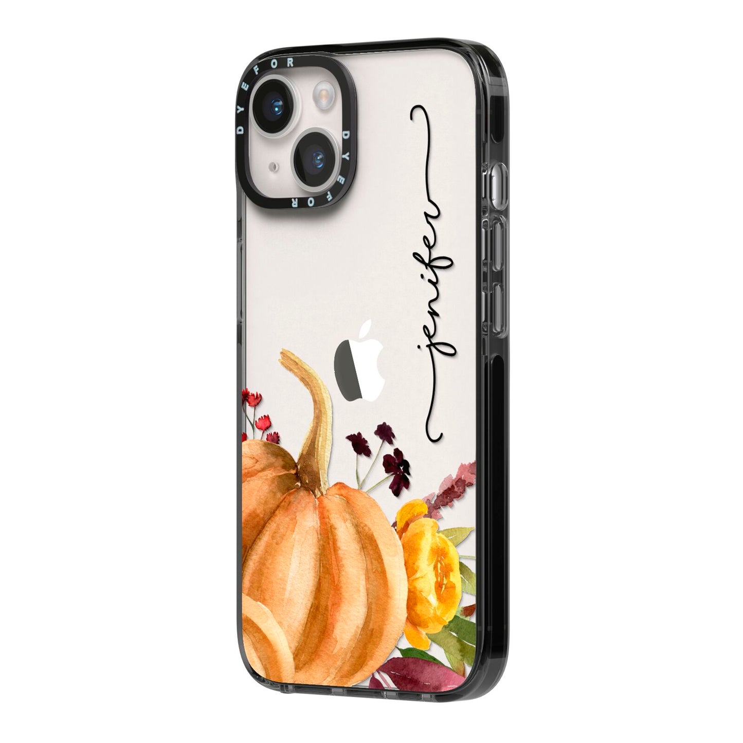 Watercolour Pumpkins with Black Vertical Text iPhone 14 Black Impact Case Side Angle on Silver phone