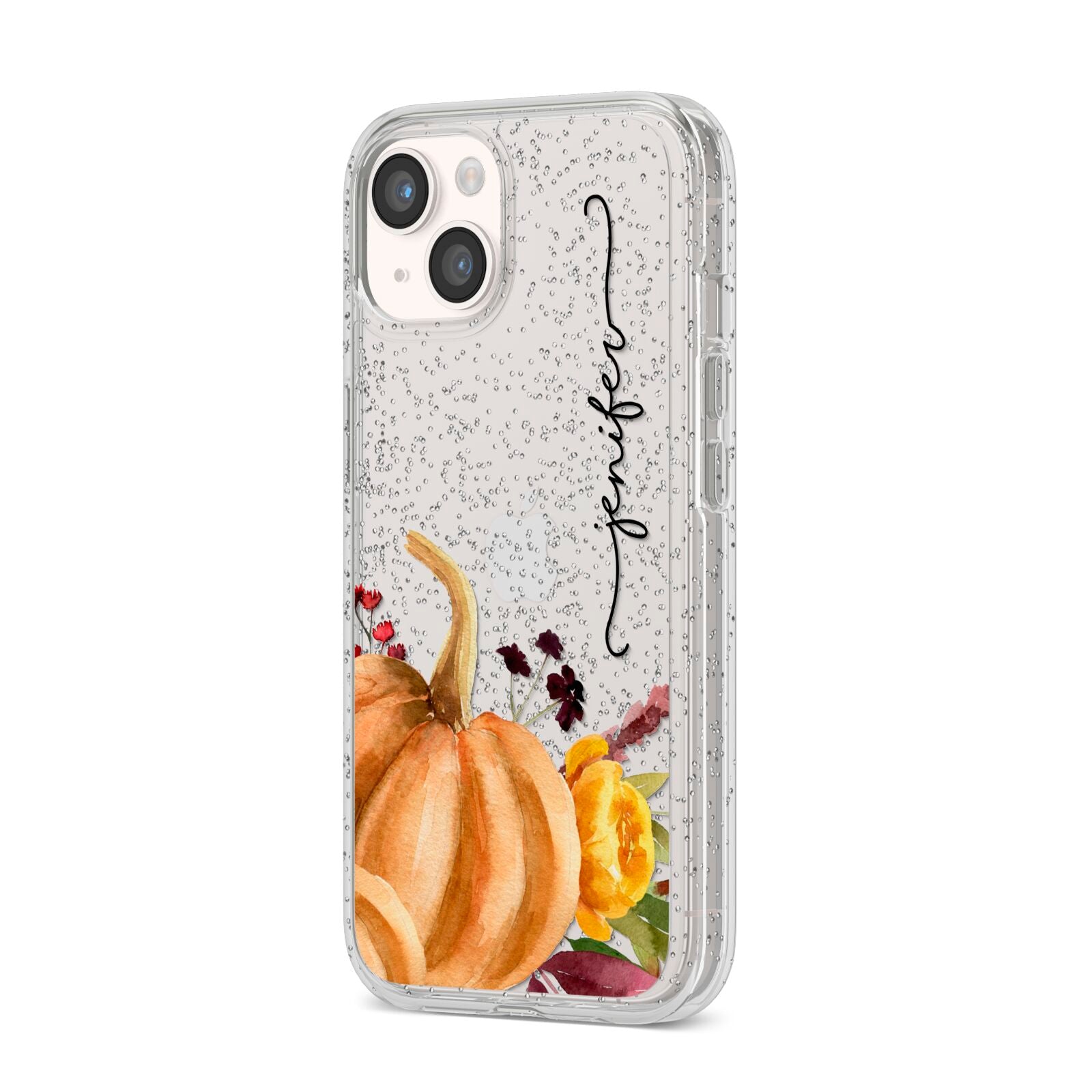 Watercolour Pumpkins with Black Vertical Text iPhone 14 Glitter Tough Case Starlight Angled Image