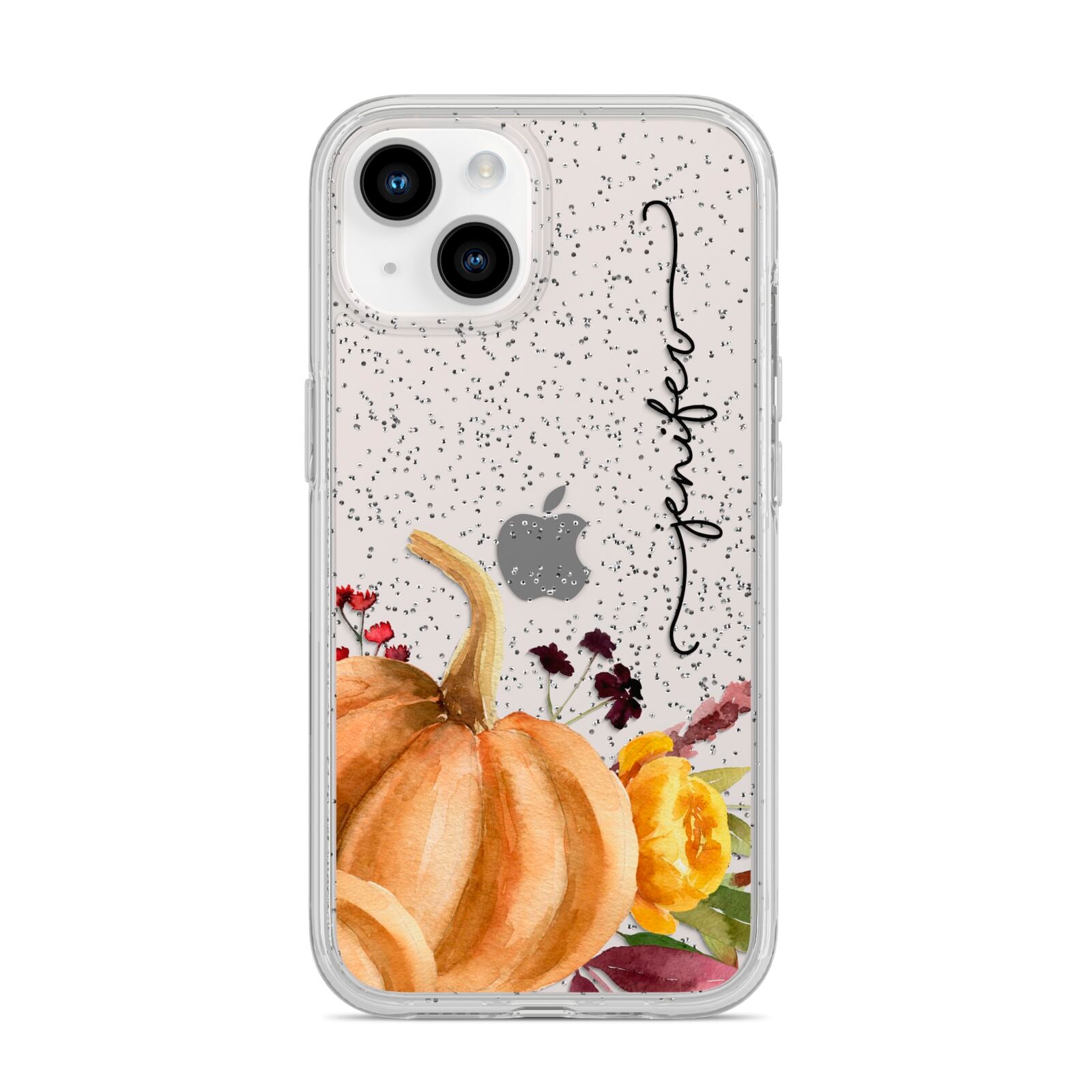 Watercolour Pumpkins with Black Vertical Text iPhone 14 Glitter Tough Case Starlight