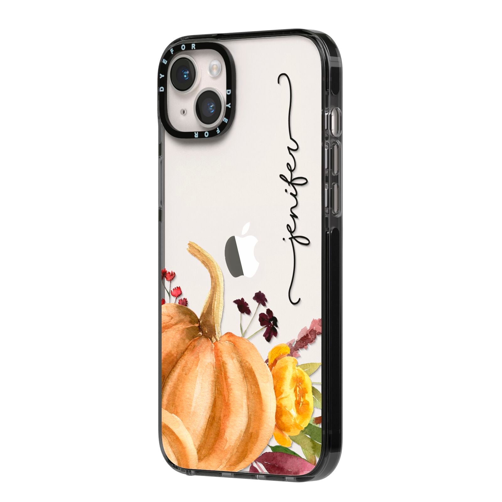 Watercolour Pumpkins with Black Vertical Text iPhone 14 Plus Black Impact Case Side Angle on Silver phone