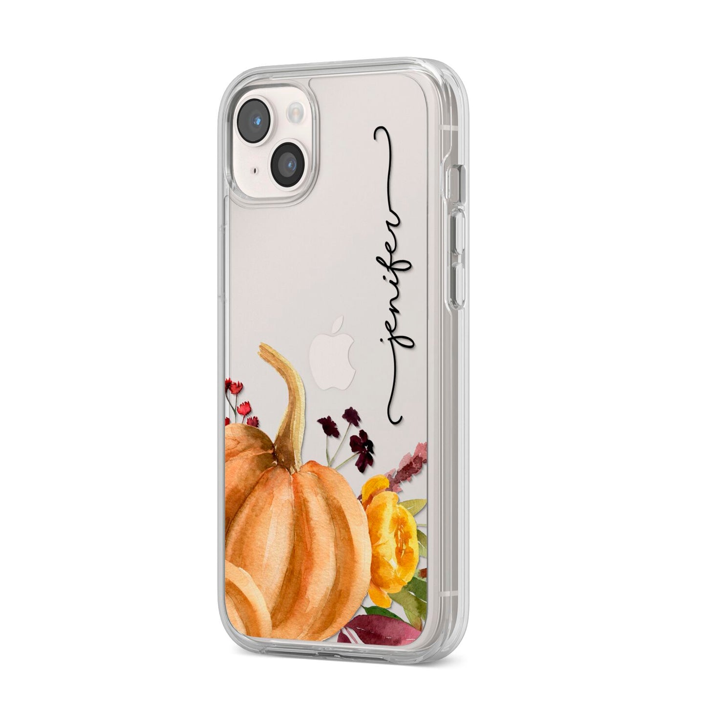 Watercolour Pumpkins with Black Vertical Text iPhone 14 Plus Clear Tough Case Starlight Angled Image