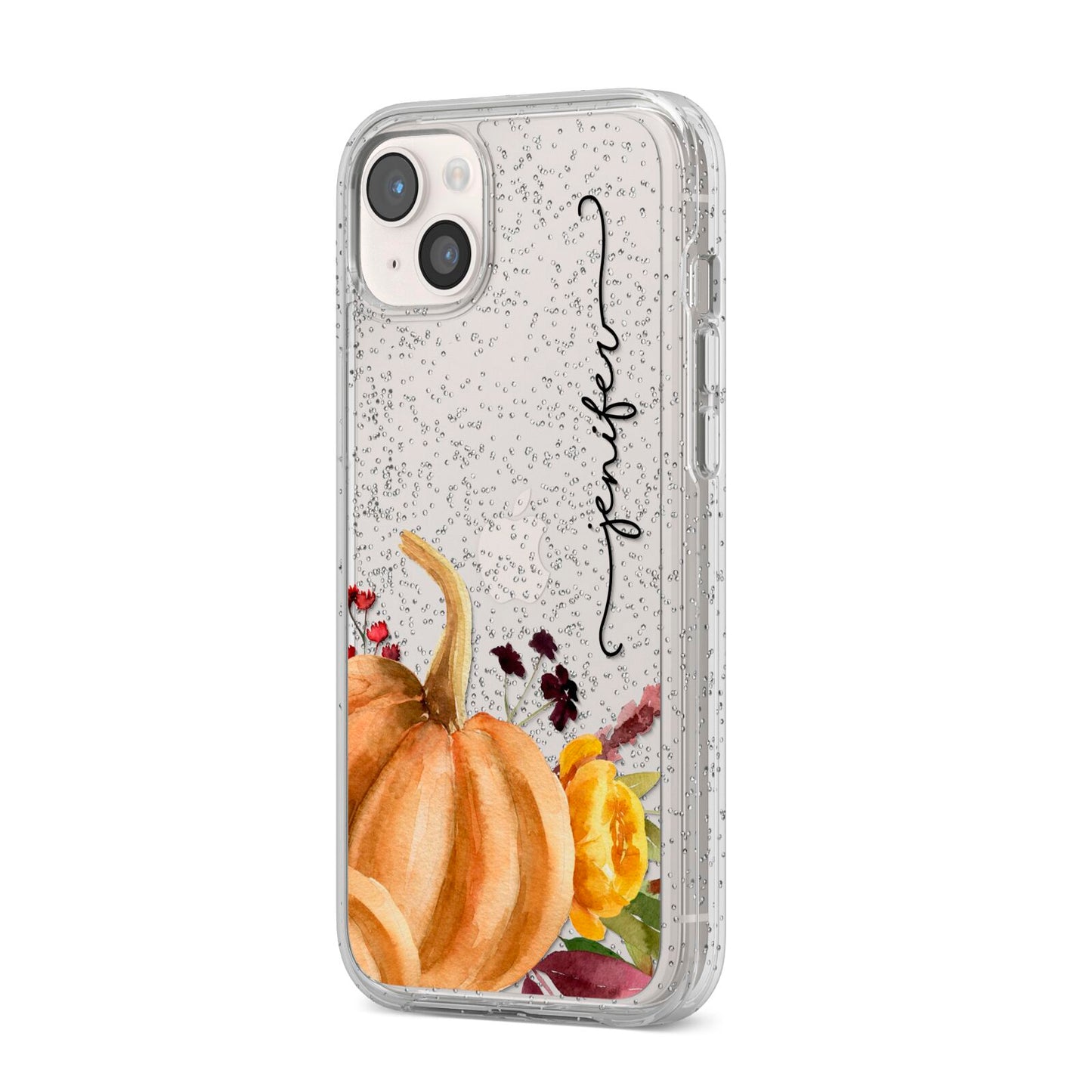 Watercolour Pumpkins with Black Vertical Text iPhone 14 Plus Glitter Tough Case Starlight Angled Image