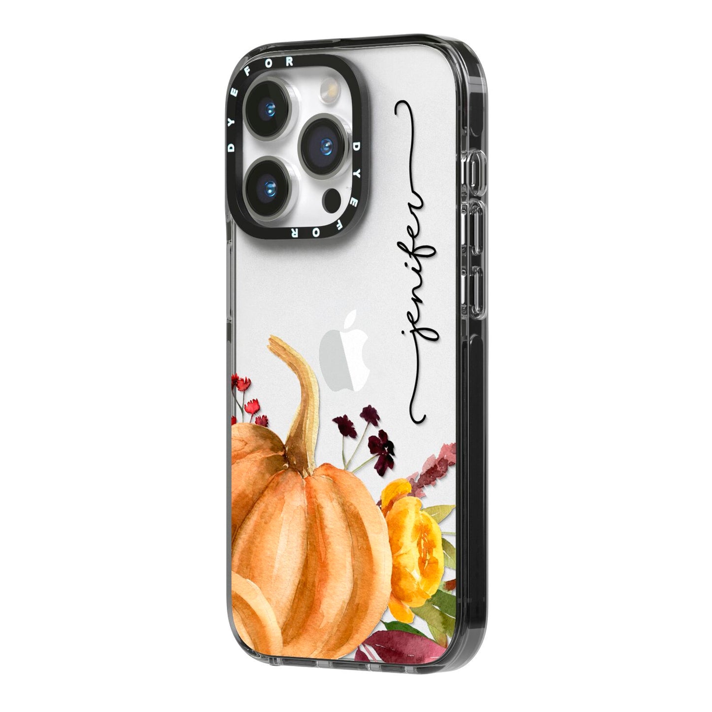 Watercolour Pumpkins with Black Vertical Text iPhone 14 Pro Black Impact Case Side Angle on Silver phone