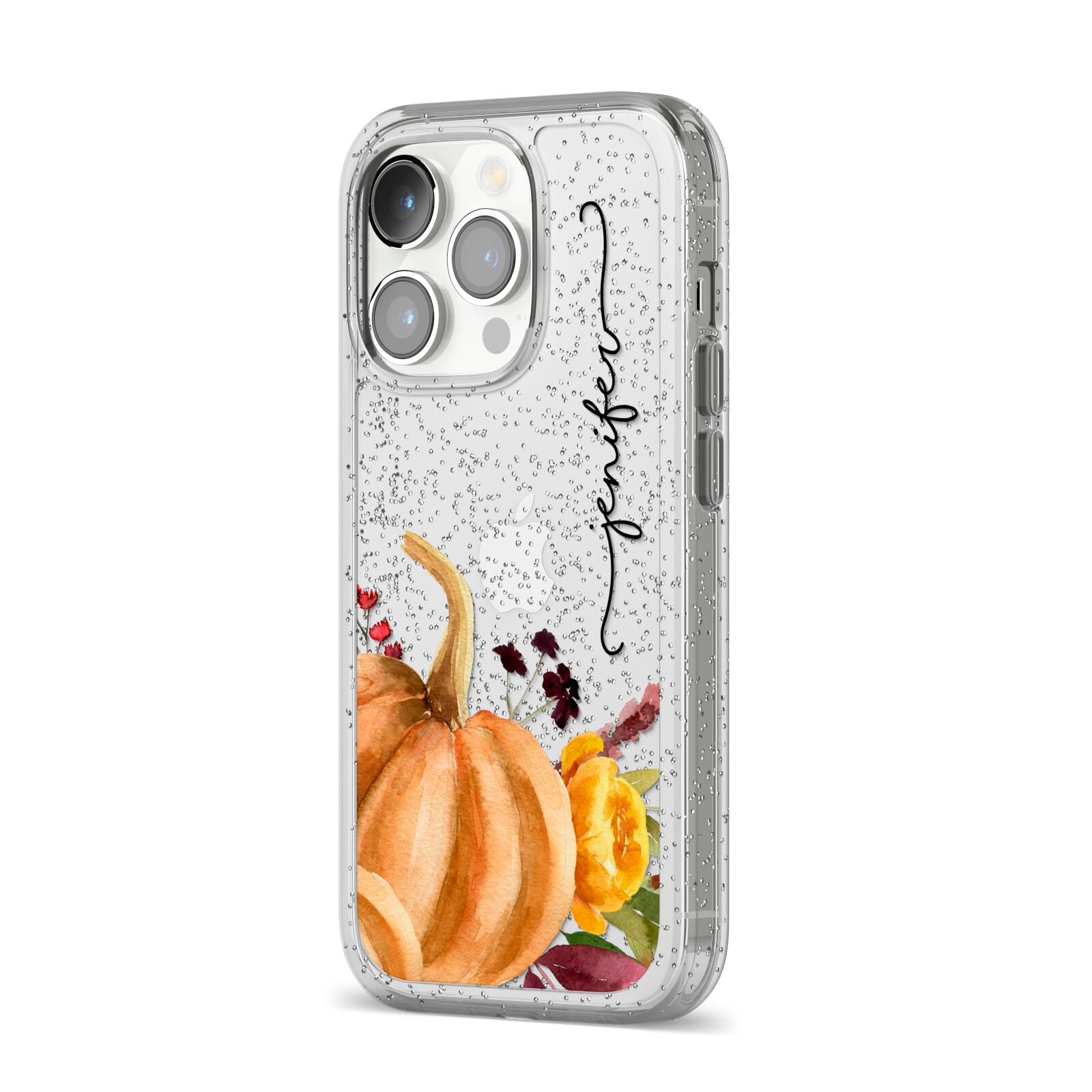 Watercolour Pumpkins with Black Vertical Text iPhone 14 Pro Glitter Tough Case Silver Angled Image