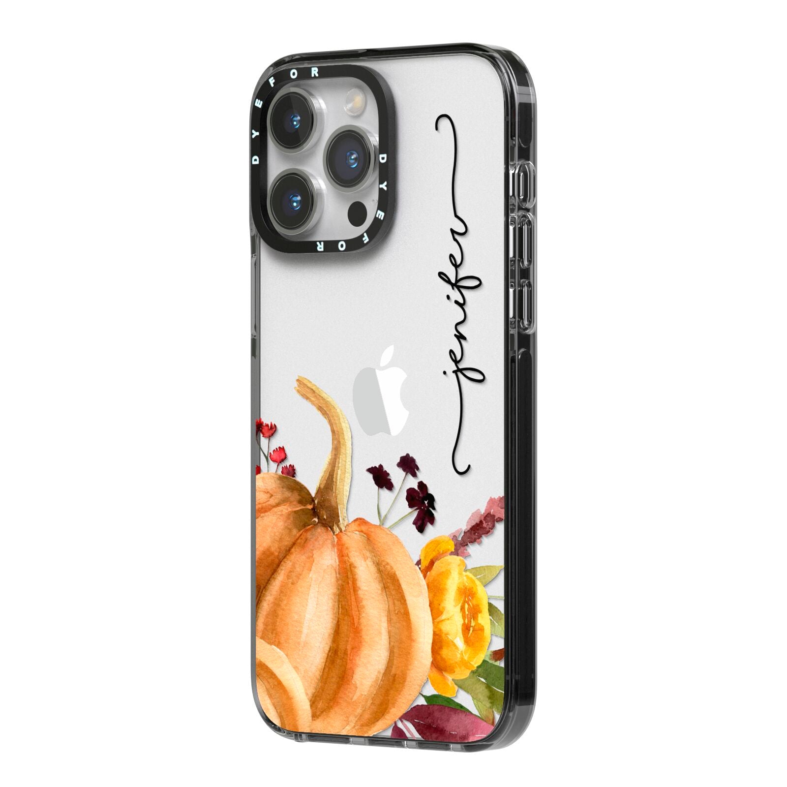 Watercolour Pumpkins with Black Vertical Text iPhone 14 Pro Max Black Impact Case Side Angle on Silver phone