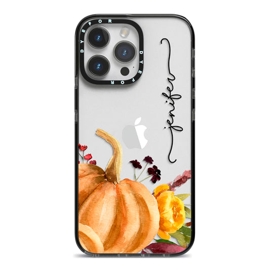 Watercolour Pumpkins with Black Vertical Text iPhone 14 Pro Max Black Impact Case on Silver phone