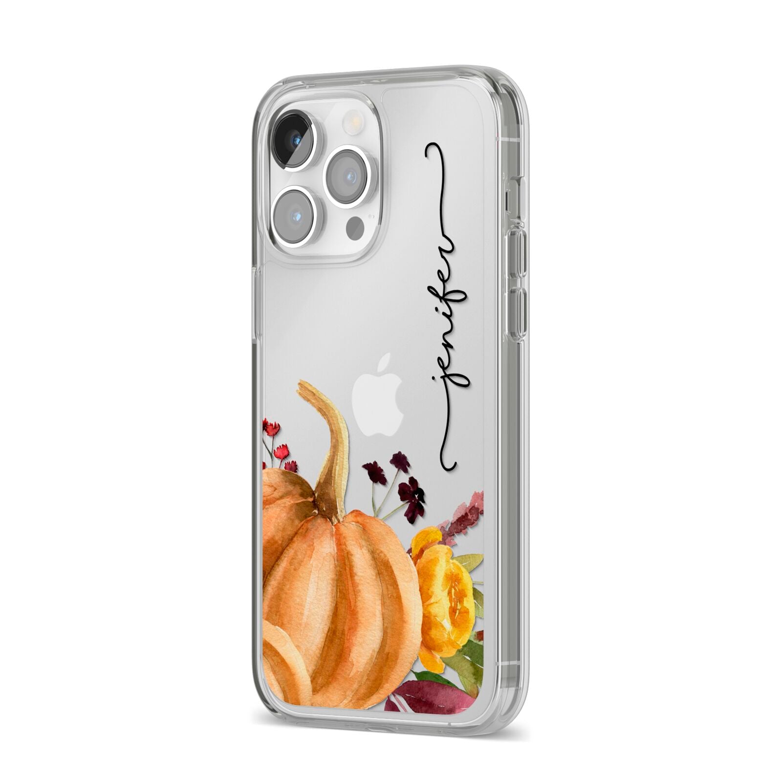 Watercolour Pumpkins with Black Vertical Text iPhone 14 Pro Max Clear Tough Case Silver Angled Image