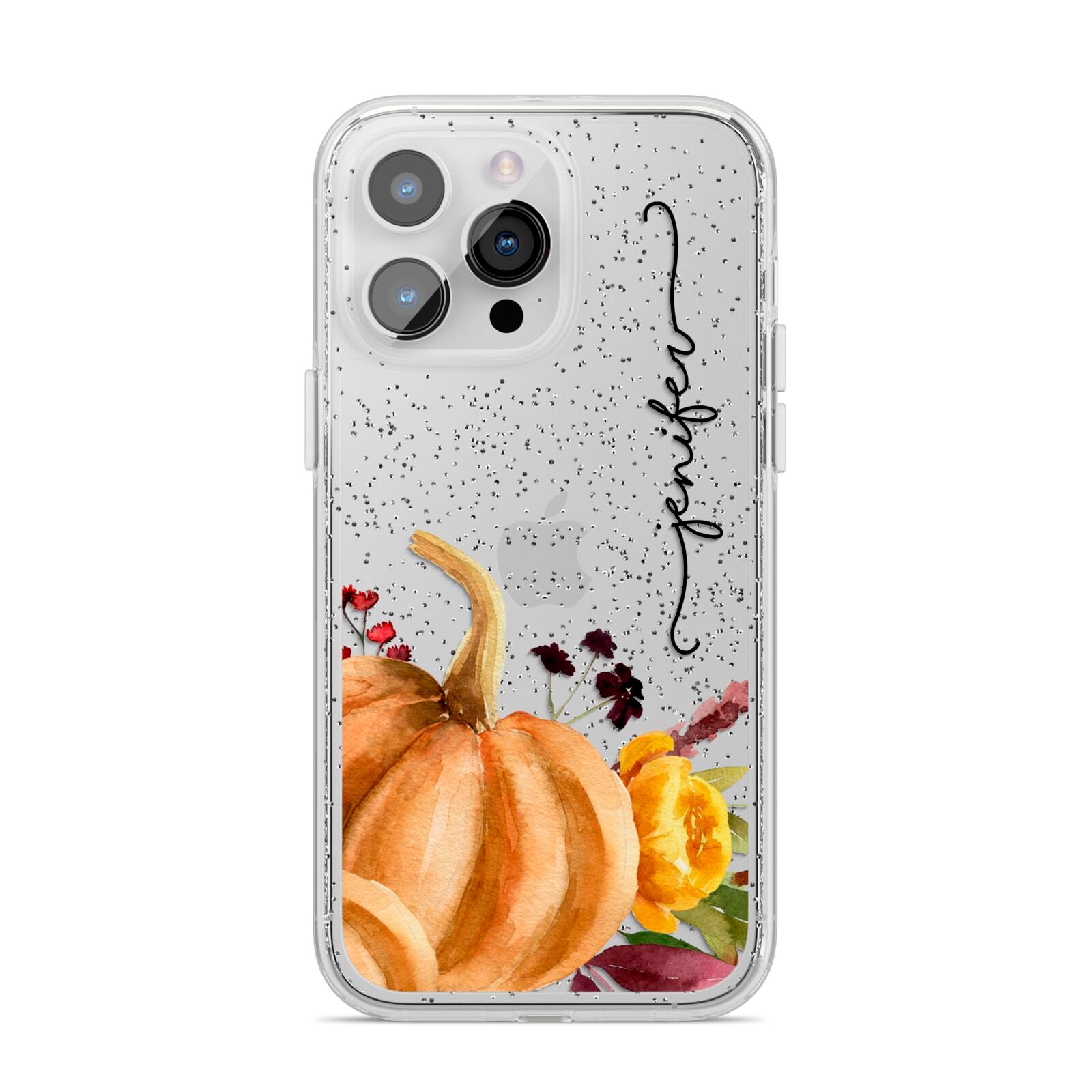 Watercolour Pumpkins with Black Vertical Text iPhone 14 Pro Max Glitter Tough Case Silver